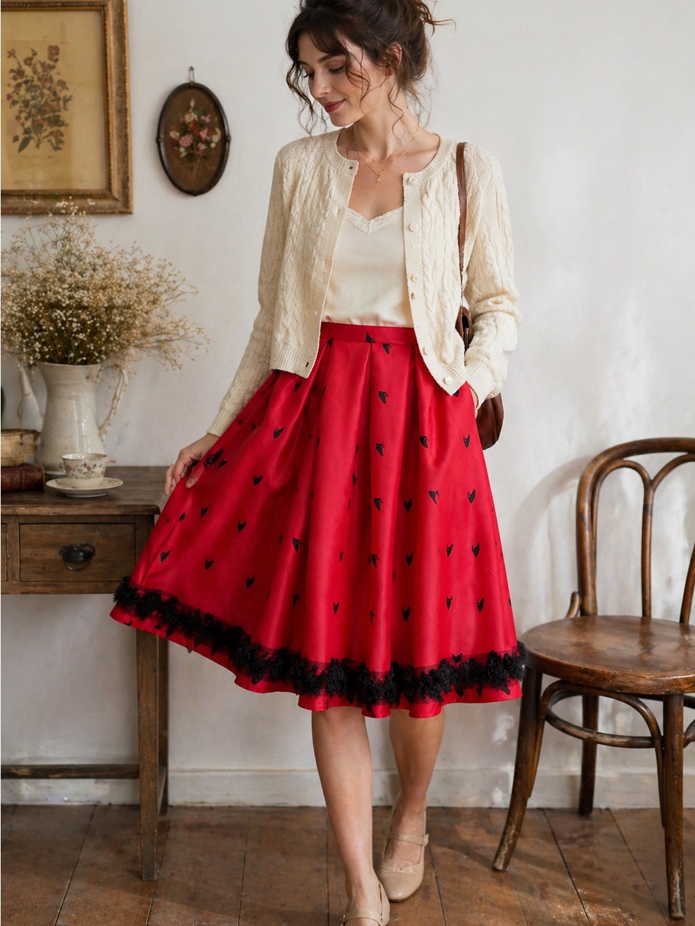 Vintage Red Midi Skirt Black Print Pleated High Waist Cottagecore S